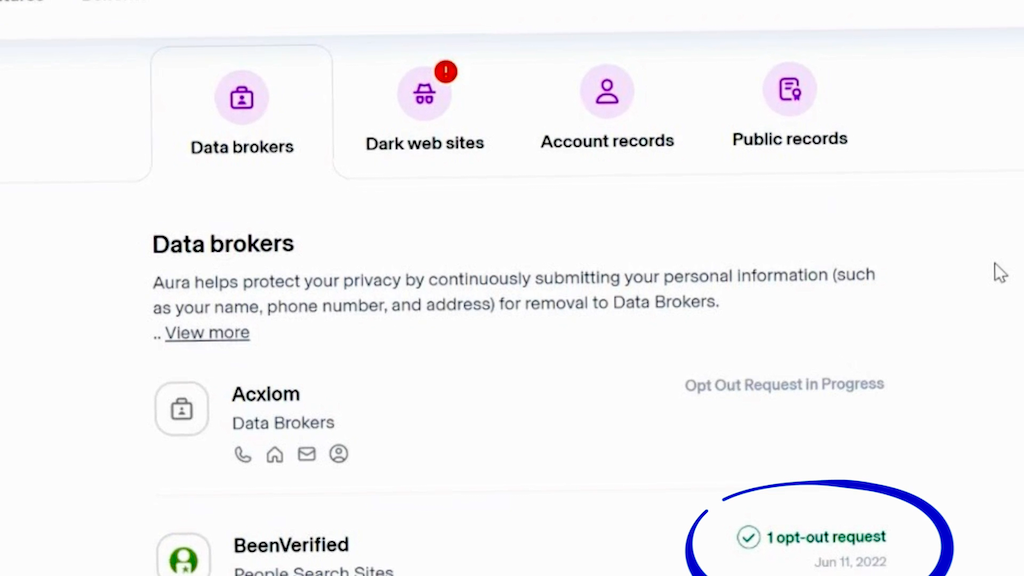 Screenshot showing Aura Identity Theft Protection Opt-out Request