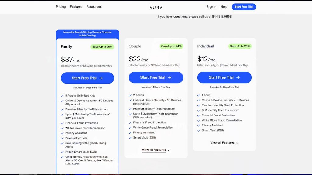 A screenshot from Aura's website showing their Family, Couple, and Individual Plans.