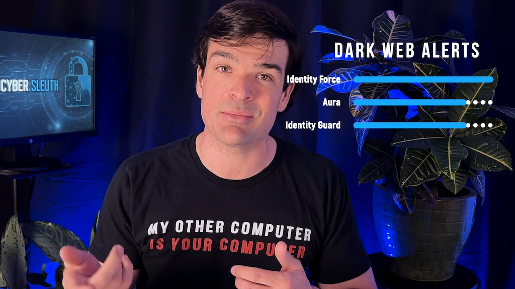 Identity Theft Protection reviewer Zach Lovatt compares the number of Dark Web Alerts from Identity Force, Aura, and Identity Guard.